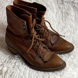 Vintage Angel Steps Brown Leather Kiltie Booties Lace Up Ankle Boots Size 8